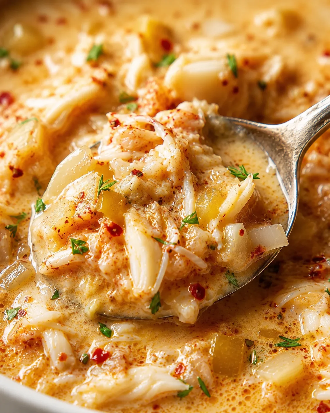 Close-up of hearty crab stew with vegetables and spices in a bowl