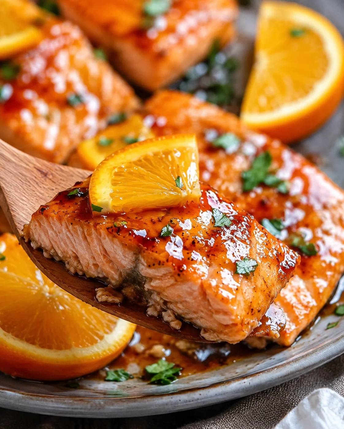 Fresh salmon fillets topped with bright orange glaze and garnished with lemon slices.