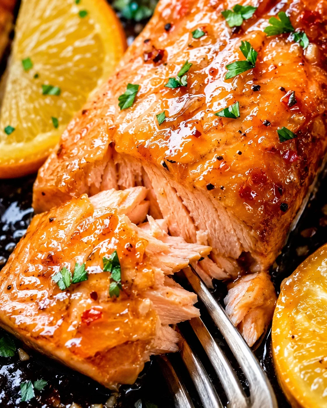 Juicy salmon fillet topped with bright orange glaze and fresh herbs, served with lemon slices.