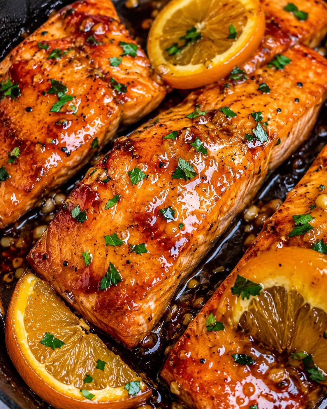 Delicious orange glazed salmon fillets garnished with parsley and lemon slices.