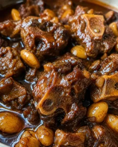 close-up of braised oxtail with potatoes in glossy brown sauce