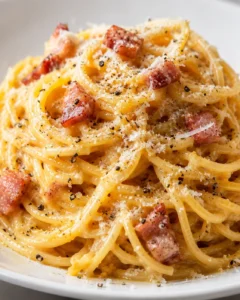 Close-up of creamy spaghetti carbonara with bacon and cheese on a white plate