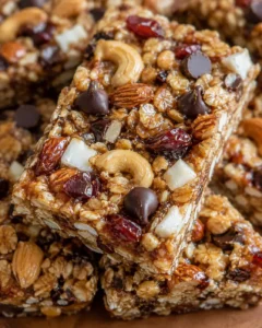 Close-up of homemade granola bars full of nuts, chocolate chips, and oats.