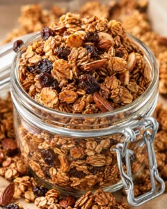 Crunchy cinnamon raisin granola clusters in a glass jar with spilled pieces.