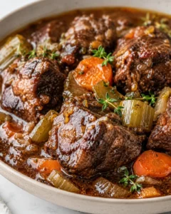 A cozy bowl of tender oxtail stew with vegetables and herbs