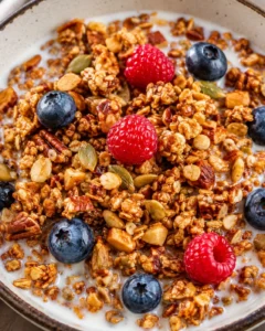 Close-up of crunchy keto granola with blueberries and raspberries in a bowl.