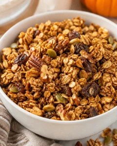 Crunchy pumpkin spice sourdough granola in a white bowl with nuts and dried fruit
