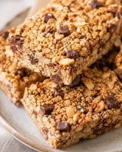 Homemade sourdough granola bars with nuts, chocolate, and dried fruit on a plate.
