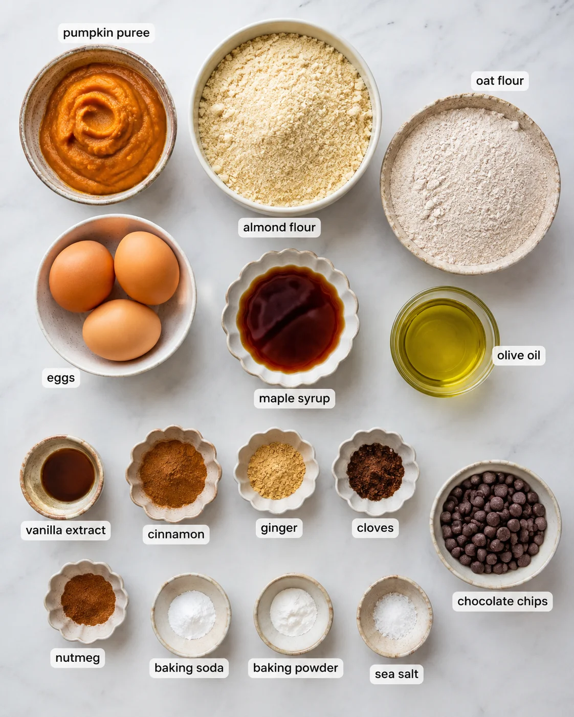 Top-down layout of ingredients for almond flour pumpkin bread including pumpkin puree, almond and oat flours, eggs, maple syrup and spices