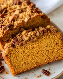Two slices of almond flour pumpkin bread with pecan streusel on a plate