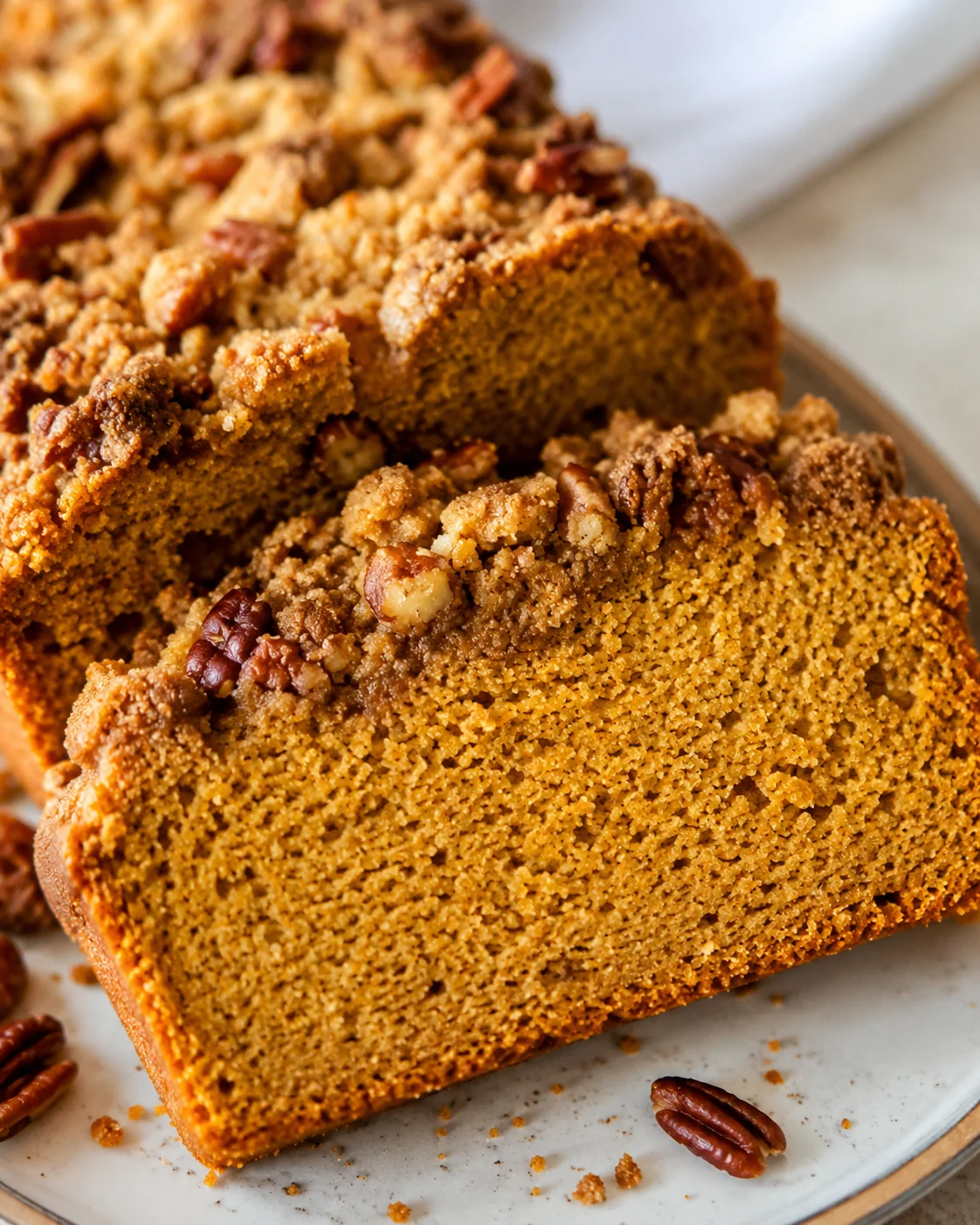 Two slices of almond flour pumpkin bread with pecan streusel on a plate