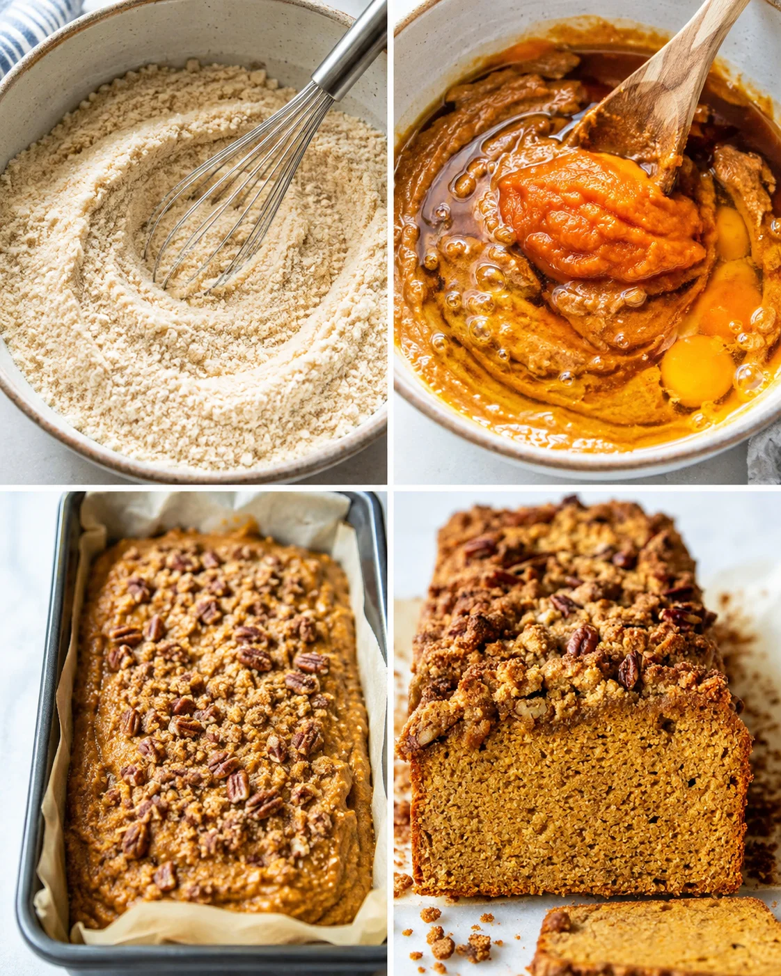 Collage of four photos showing mixing dry ingredients, combining wet ingredients, batter in loaf pan, and baked pumpkin bread