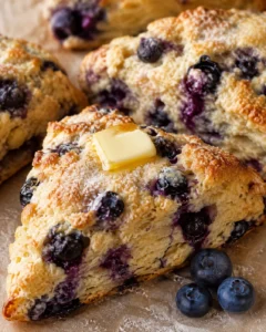 Close-up of a blueberry scone with a pat of melting butter on top