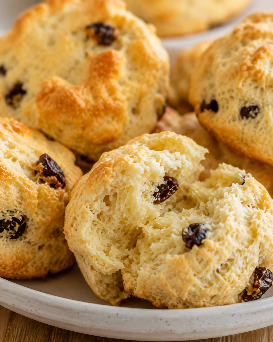 Buttermilk scones on a plate with one torn open showing the interior and currants