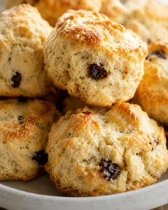 Close-up of golden buttermilk scones with currants on a plate
