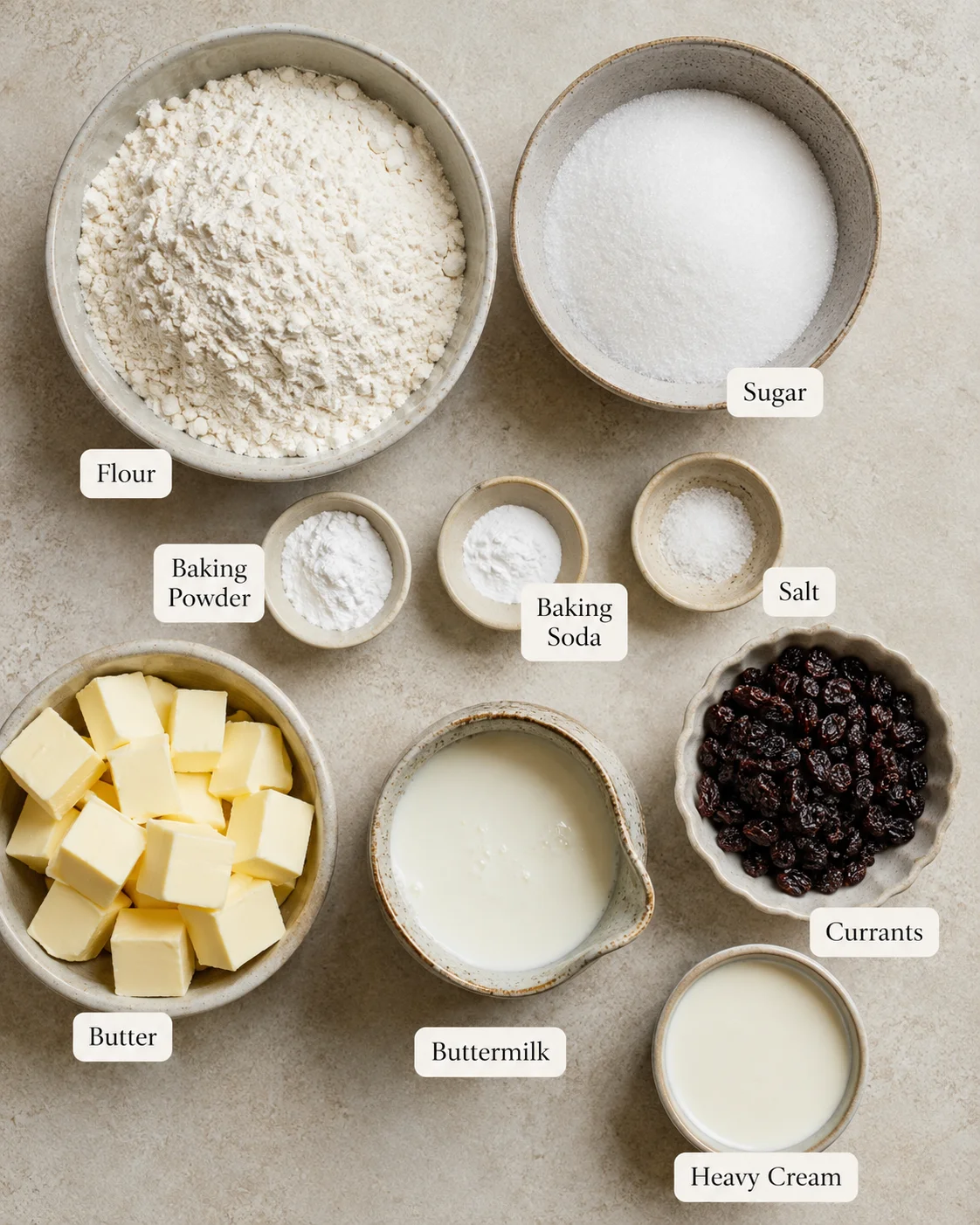 Top-down arrangement of measured ingredients for buttermilk scones including flour, butter, sugar, currants and buttermilk