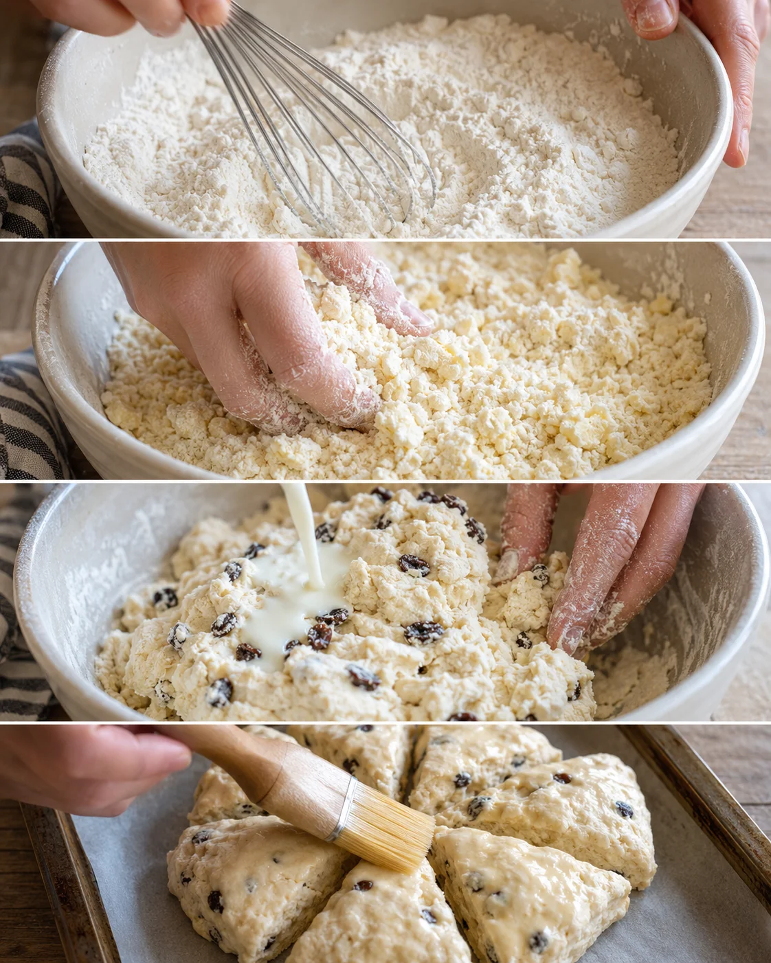 Collage of steps: whisking dry ingredients, rubbing in butter, adding buttermilk with currants, and brushing tops