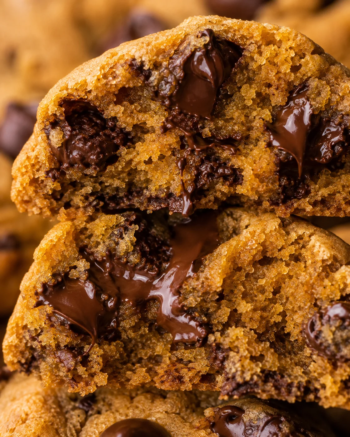 Close-up cross-section of a pumpkin chocolate chip cookie torn open with warm melted chocolate oozing