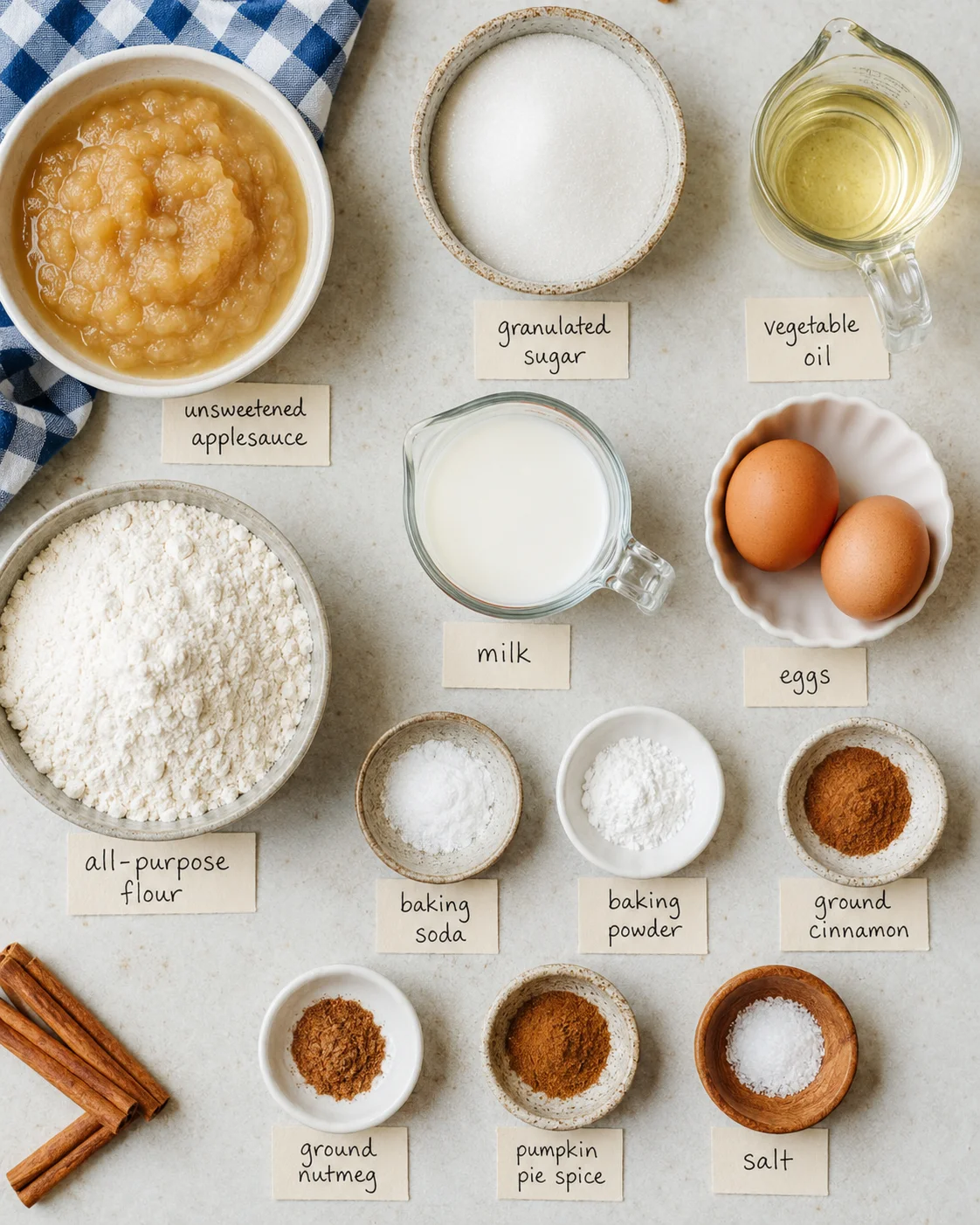 Top-down arrangement of ingredients for Cinnamon Applesauce Bread including applesauce, flour, eggs, oil, milk and spices
