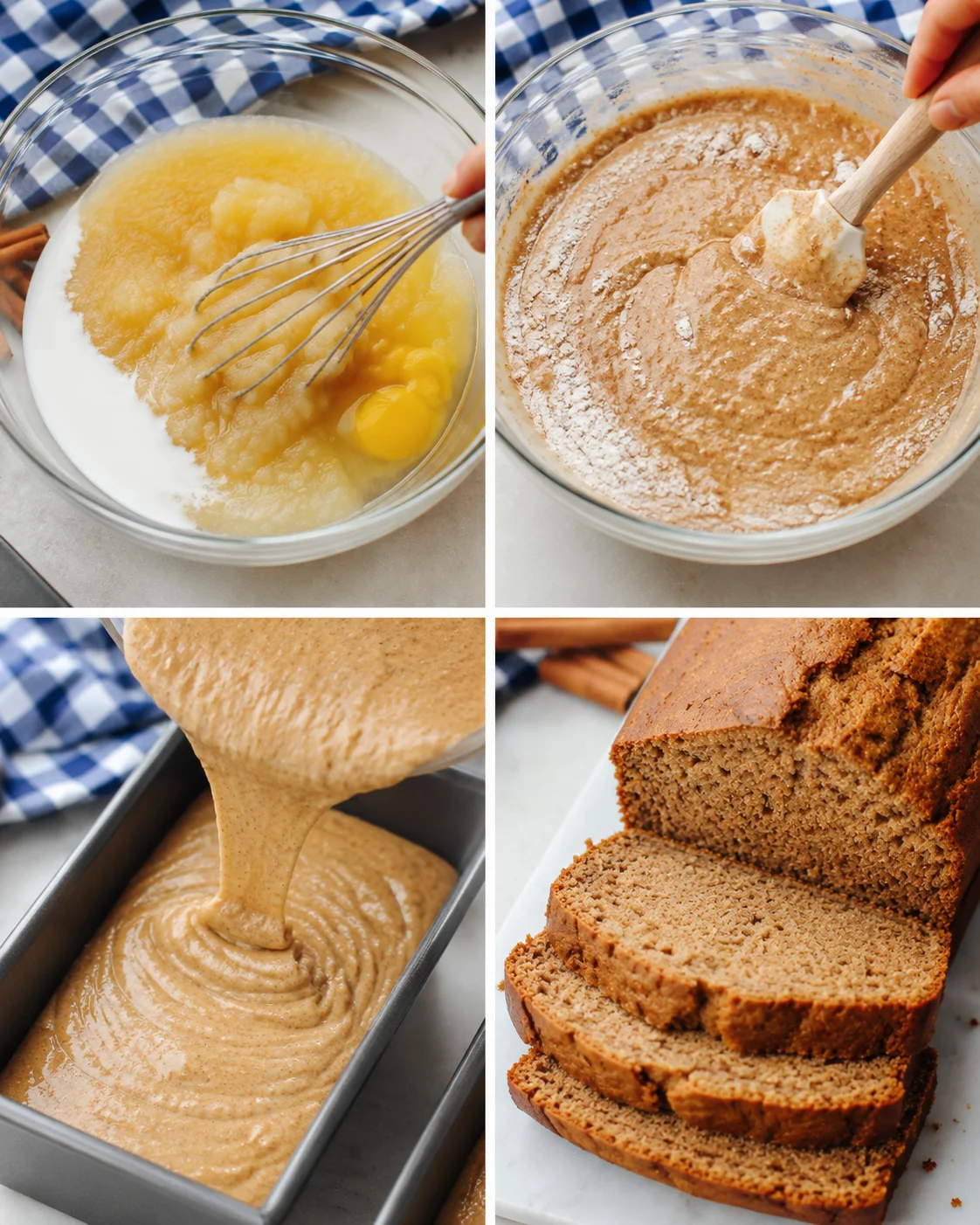 Four-photo collage showing mixing applesauce and eggs, folding in dry ingredients, pouring batter into a loaf pan, and the sliced finished loaf