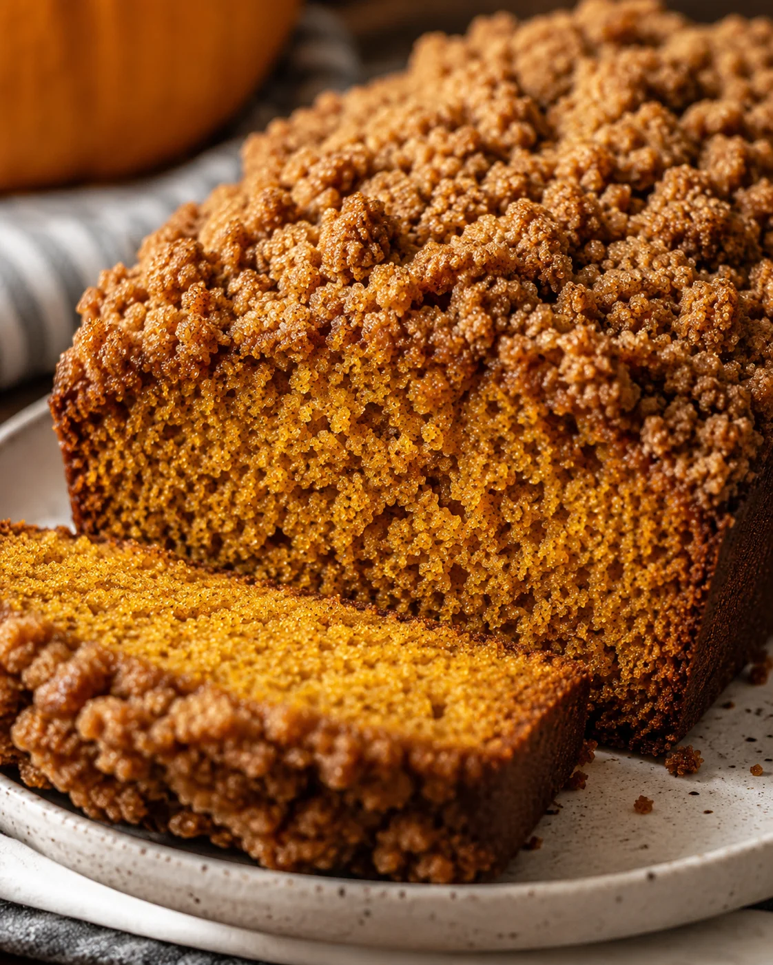 Pumpkin streusel bread loaf with a sliced piece on a plate