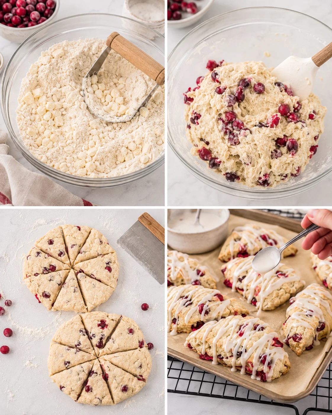 Four-panel sequence showing mixing, cranberry dough, shaped circles cut into wedges, and glazing baked scones