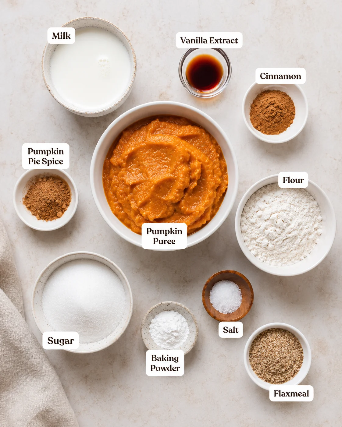 Top-down view of labeled ingredients for crustless pumpkin pie including pumpkin puree, milk, flour, sugar, spices, and flaxmeal