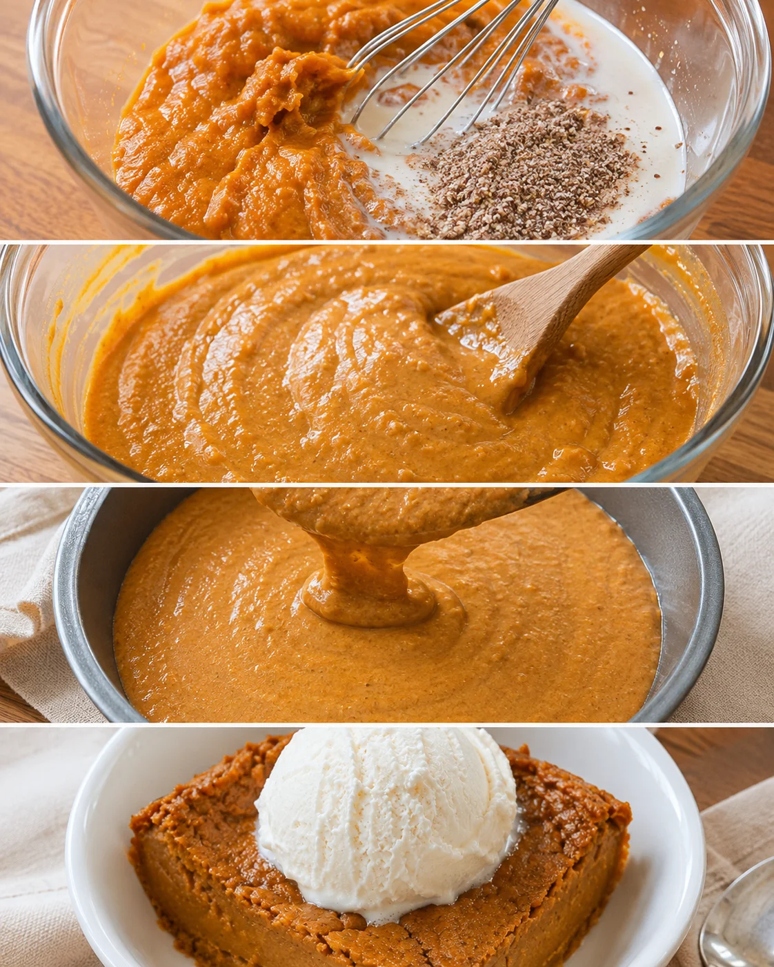 Collage showing mixing pumpkin batter, stirring, pouring into pie pan, and a finished slice with ice cream