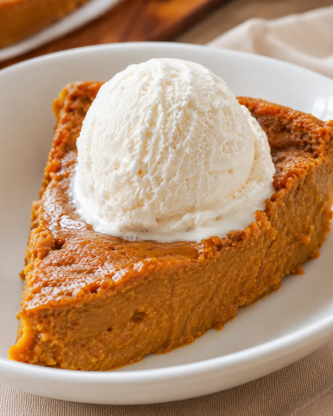 Side view of a slice of crustless pumpkin pie topped with vanilla ice cream on a white plate