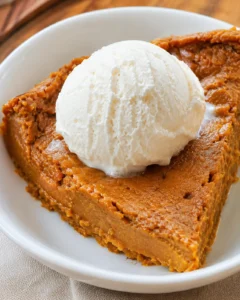 Slice of crustless pumpkin pie topped with a scoop of vanilla ice cream in a white bowl