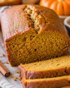 Whole pumpkin bread loaf with slices showing crust and moist crumb