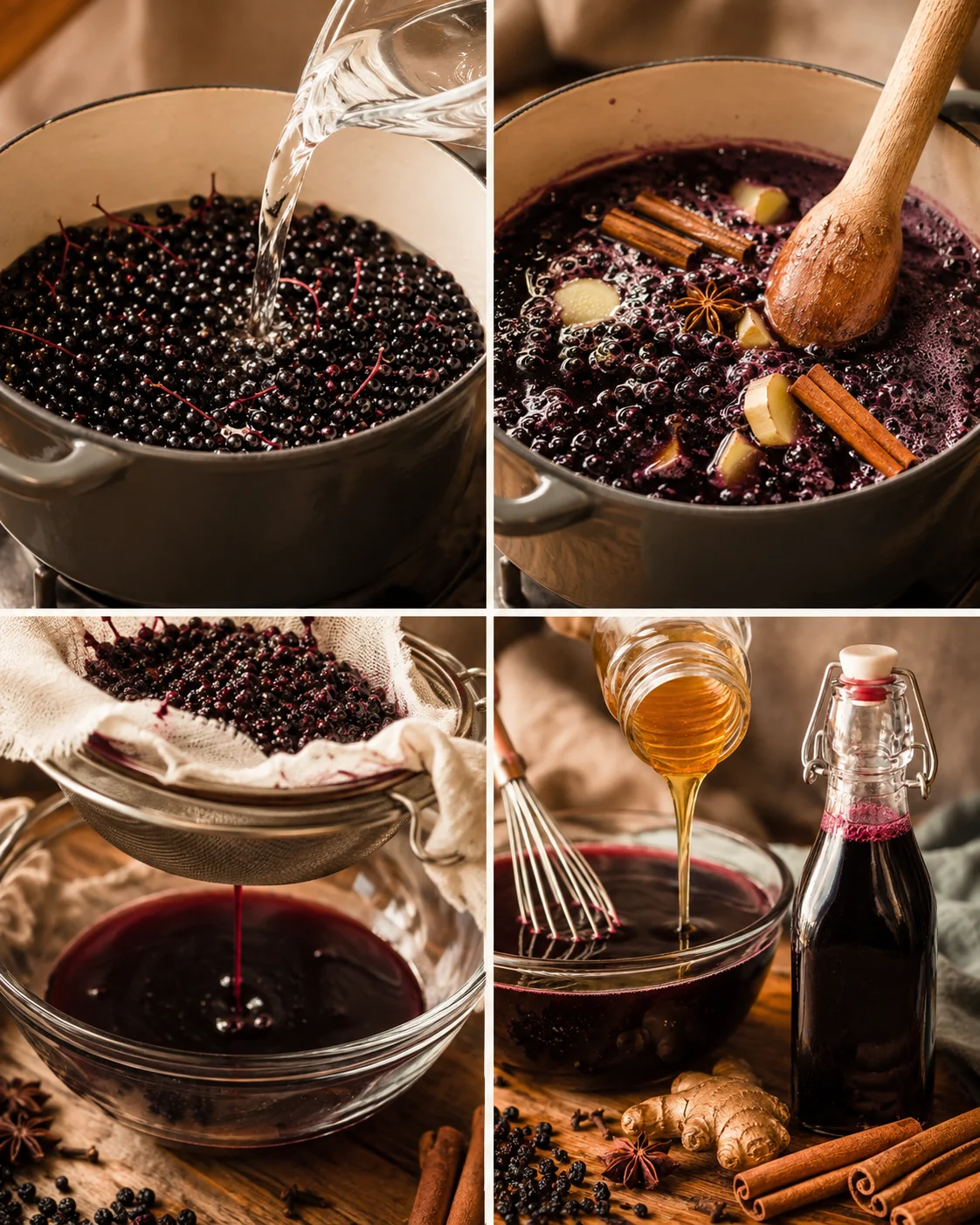 Four-panel sequence showing adding water to elderberries, simmering with spices, straining, and whisking in honey