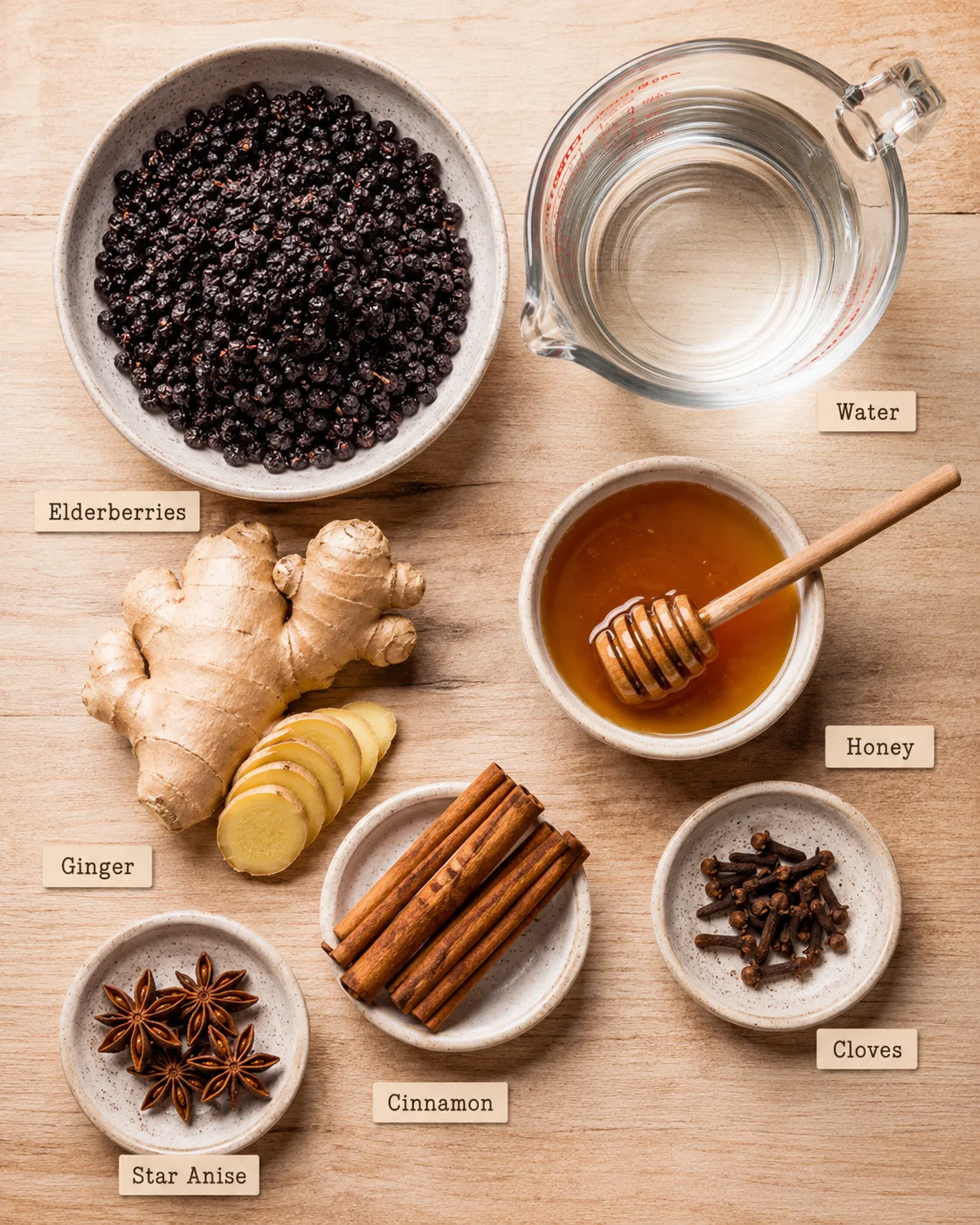 Top-down layout of elderberries, water, honey, ginger and spices labeled for the elderberry syrup recipe