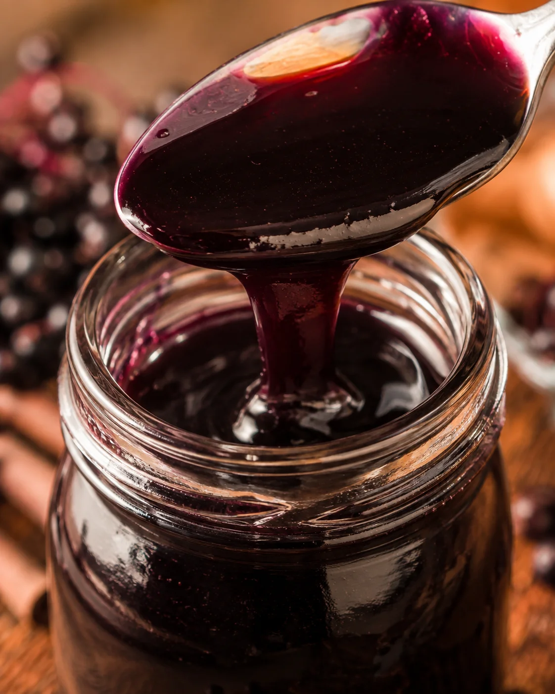 Close-up spoon lifting thick elderberry syrup from a jar
