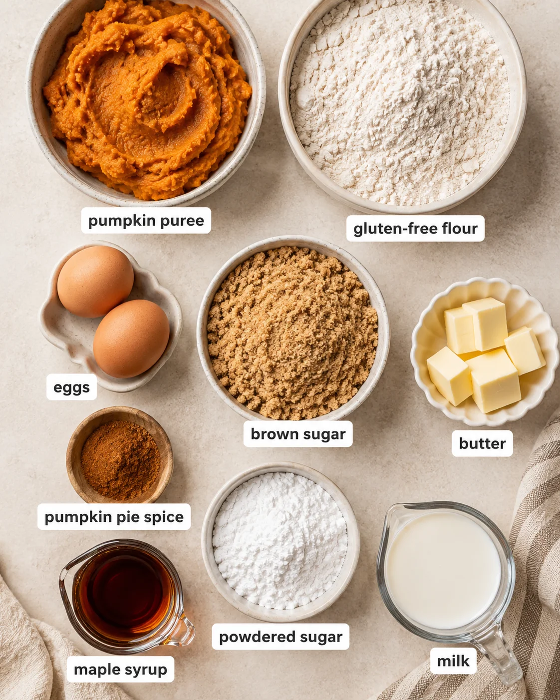 Top-down arrangement of ingredients for gluten free pumpkin muffins including pumpkin purée, gluten-free flour, eggs, brown sugar and butter