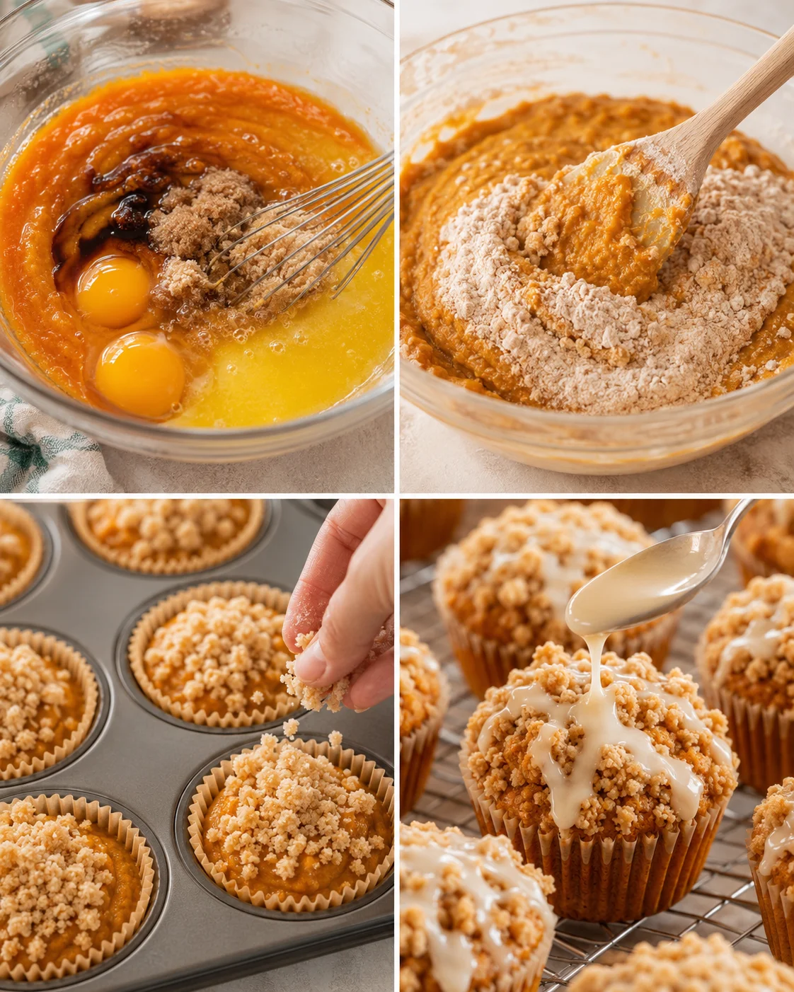 Collage showing mixing batter, stirring in flour, topping muffins with streusel and drizzling glaze