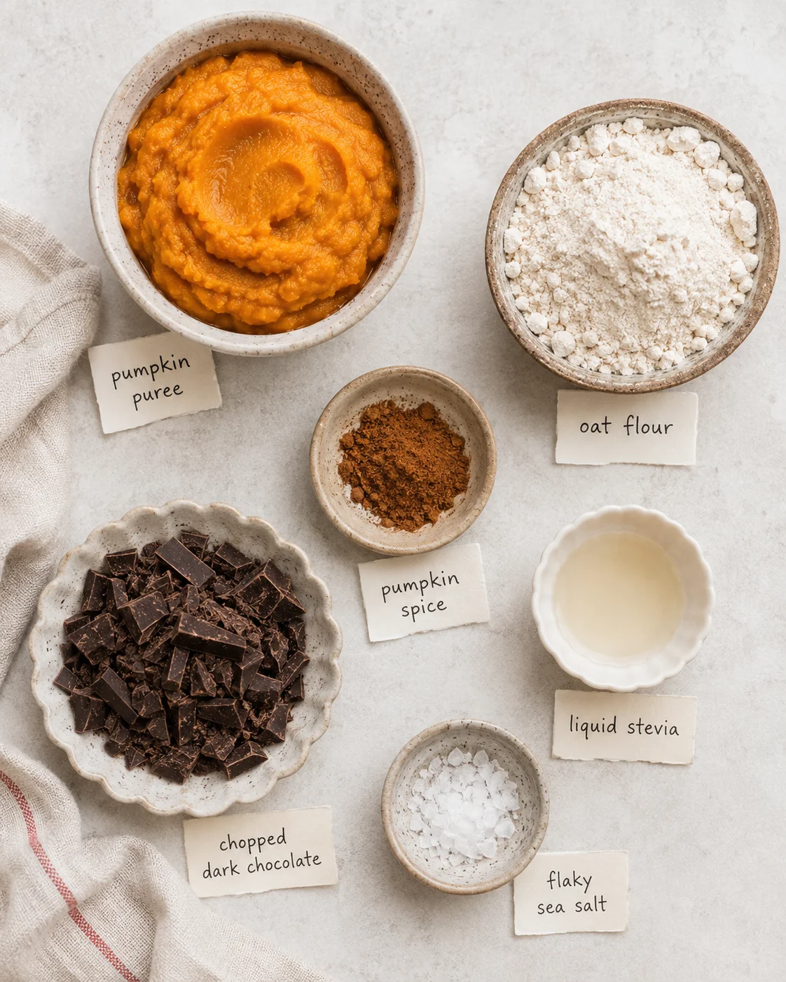 Top-down view of bowls of pumpkin purée, oat flour, chopped dark chocolate, pumpkin spice, liquid stevia and flaky sea salt labeled for pumpkin truffles
