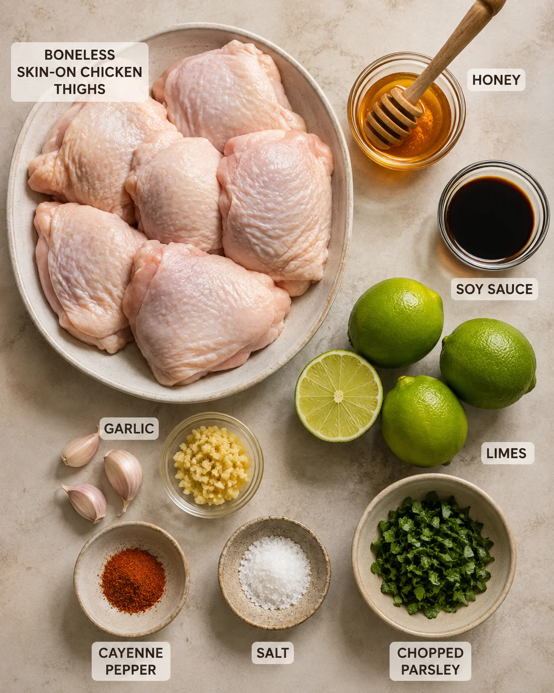 Top-down arrangement of ingredients for honey lime chicken including raw thighs, honey, soy sauce, limes, garlic, cayenne, salt, and parsley