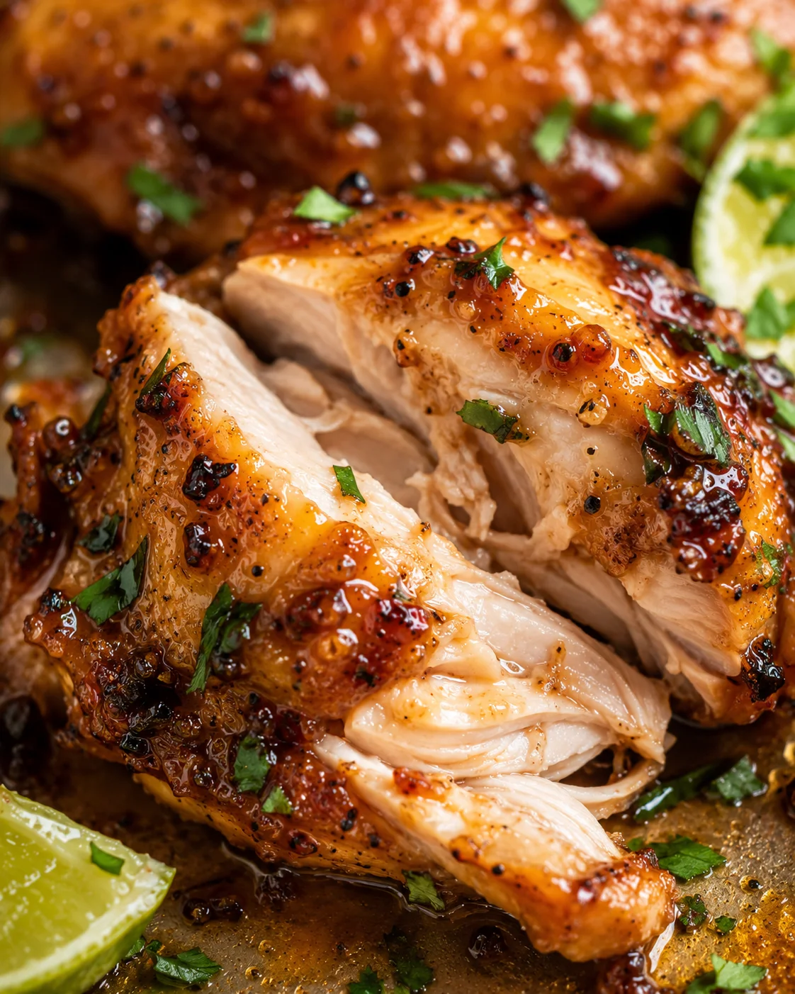 Close detail of a sliced honey lime chicken thigh showing the juicy cooked interior and glazed skin