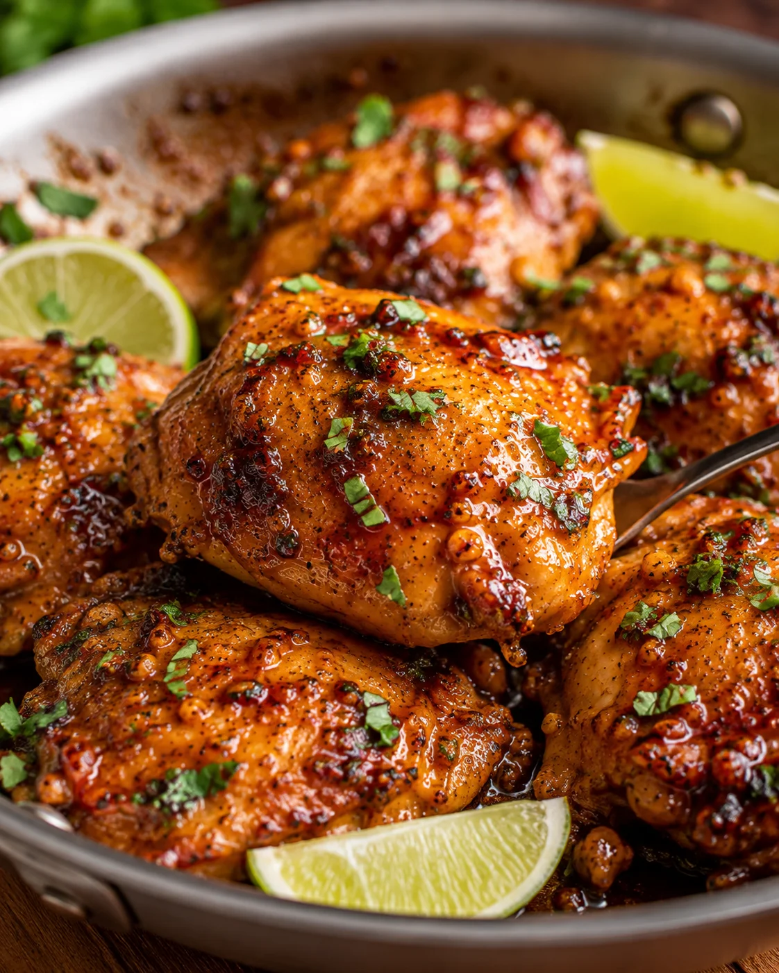 Honey lime chicken thigh being lifted from a pan with a fork beside lime wedges