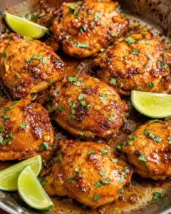 Honey lime chicken thighs glazed and browned in a skillet with lime wedges