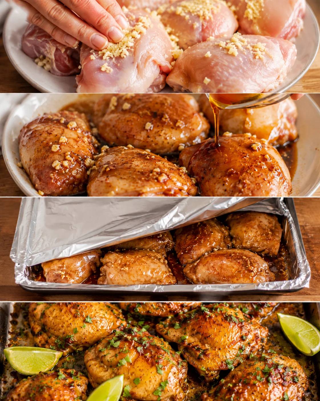 Collage showing coating chicken with garlic, adding glaze, covering pan with foil, and baked honey lime thighs