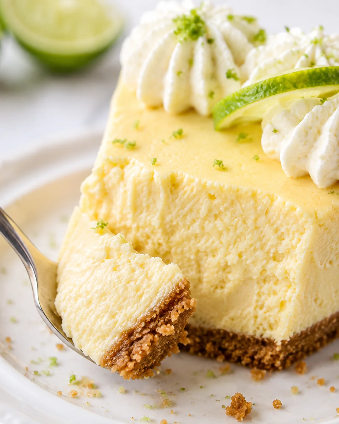 Fork lifting a bite of key lime cheesecake showing creamy texture and crumbly graham crust