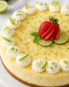 Whole key lime cheesecake topped with piped whipped cream, lime slices, lime zest and a fanned strawberry