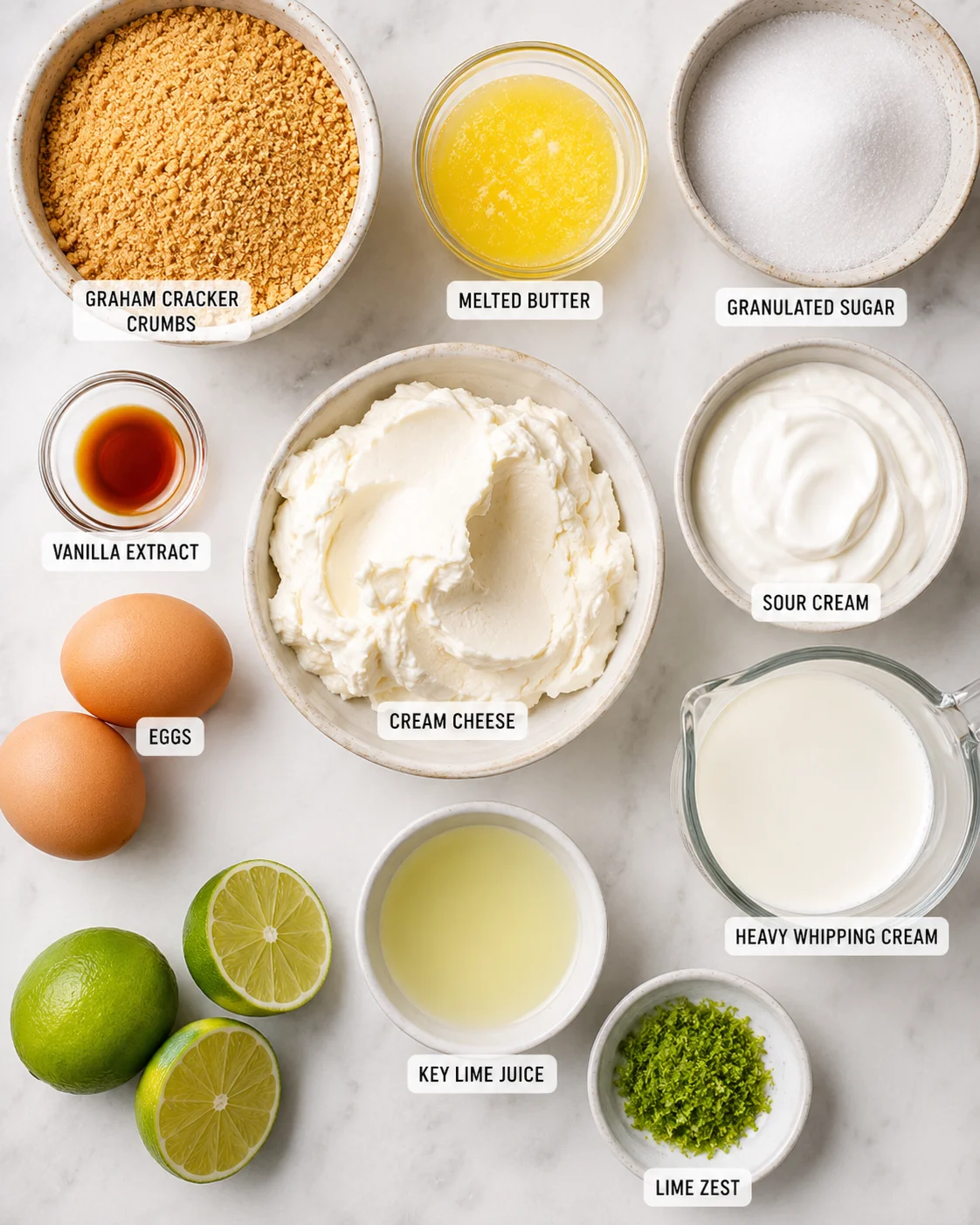 Top-down arrangement of ingredients for key lime cheesecake including cream cheese, graham crumbs, eggs, limes, sugar and cream