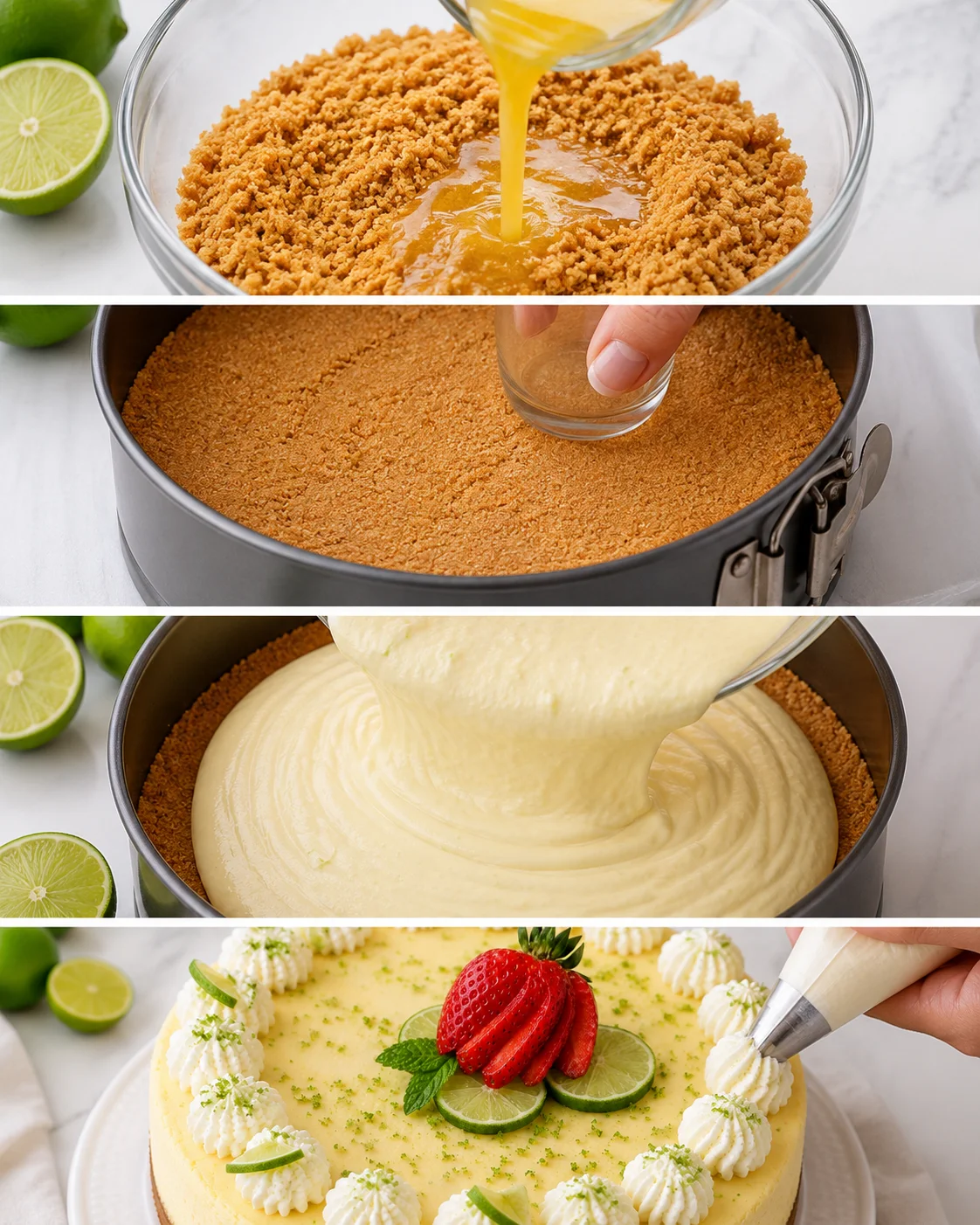 Collage showing mixing crust, pressing crumb crust into pan, pouring cheesecake filling and piping whipped cream