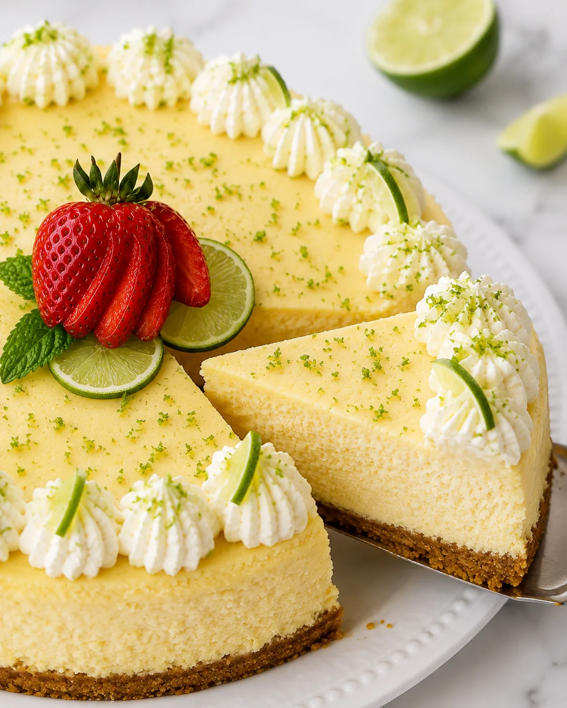 Slice of key lime cheesecake being lifted from the cake showing creamy interior, graham cracker crust and piped whipped cream