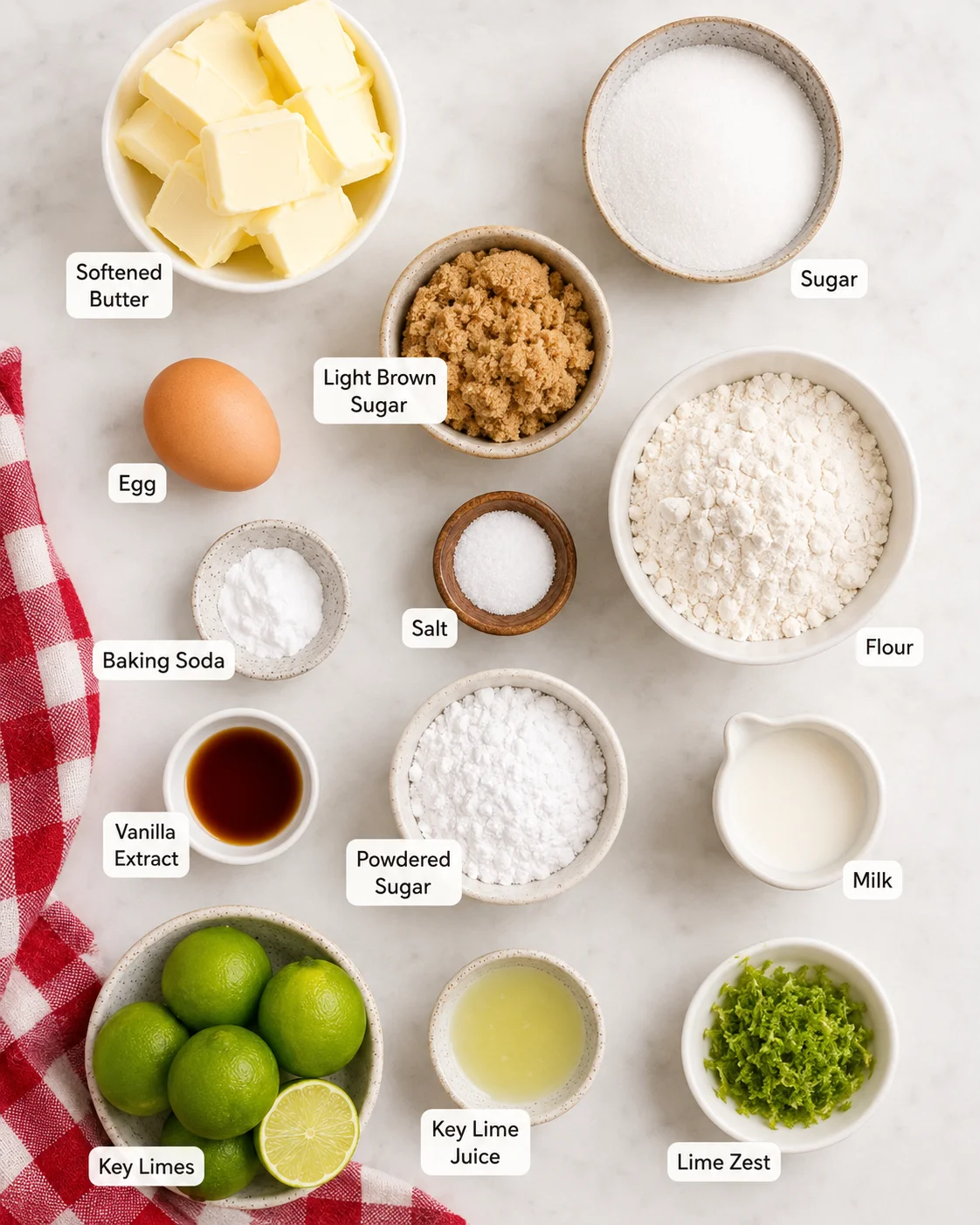 Top-down view of measured ingredients for key lime cookies including flour, sugars, butter, egg, milk, key limes, lime zest and juice
