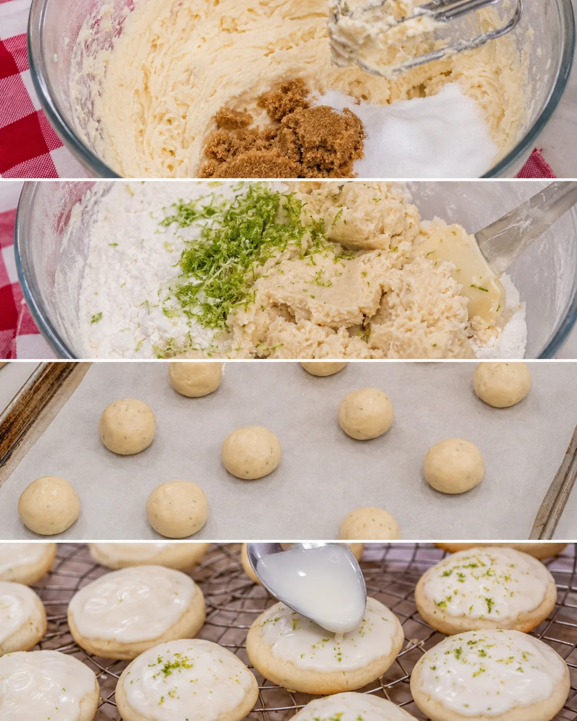 Collage of preparation steps showing creaming butter and sugar, mixing dough with lime zest, rolled dough balls on a sheet, and glazing cookies on a rack