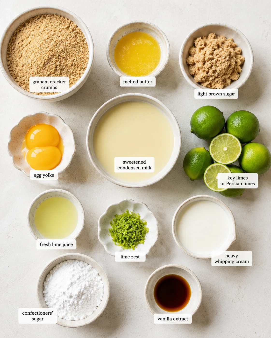 Top-down layout of ingredients for key lime pie bars including graham crumbs, egg yolks, condensed milk, limes, zest, and cream